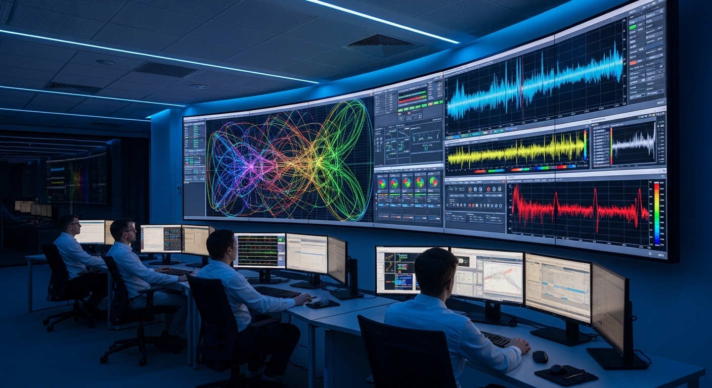 Photorealistic lifestyle scene inside a network operations center, showing engineers watching a wall of monitoring dashboards