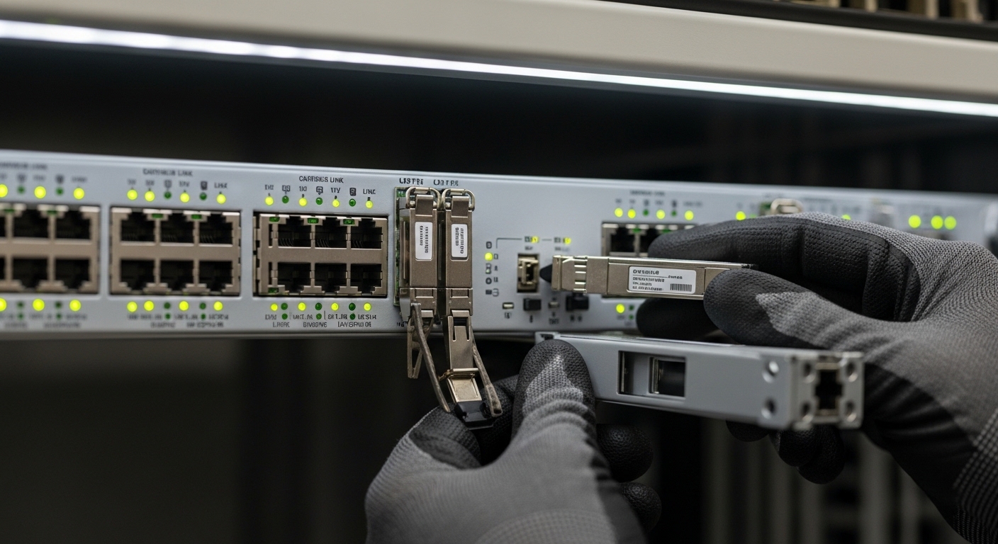 Close-up photography of a 1U top-of-rack switch front panel with multiple pluggable optics inserted, LED link indicators glow