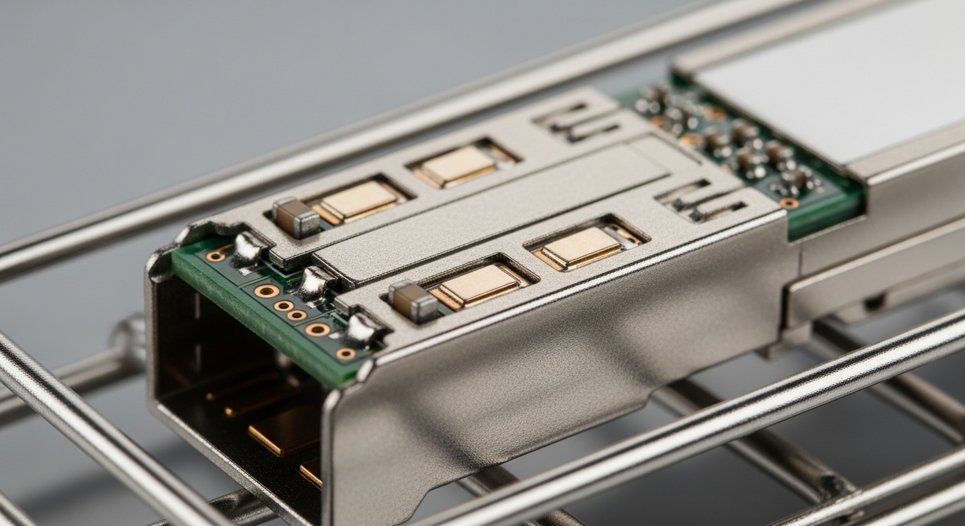 Macro photography of a fiber optic transceiver module seated in a cage, close-up on the PCB and DOM contact pads, studio ligh