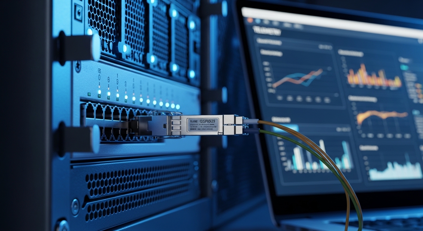 Photorealistic macro photography of a server rack open, a QSFP28 optical transceiver partially inserted into a switch port, w