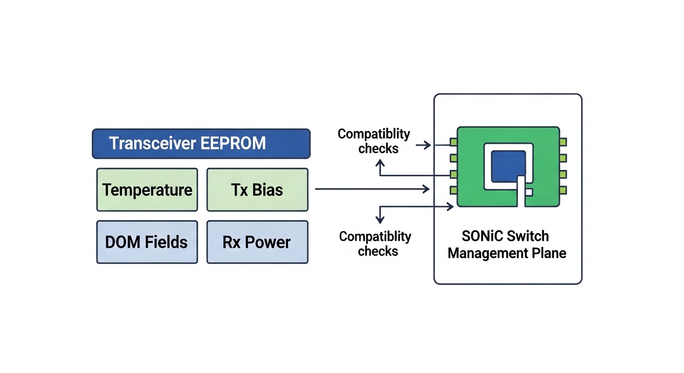 Vector illustration concept art of a transceiver EEPROM diagram connected to a SONiC switch management plane, showing DOM fie
