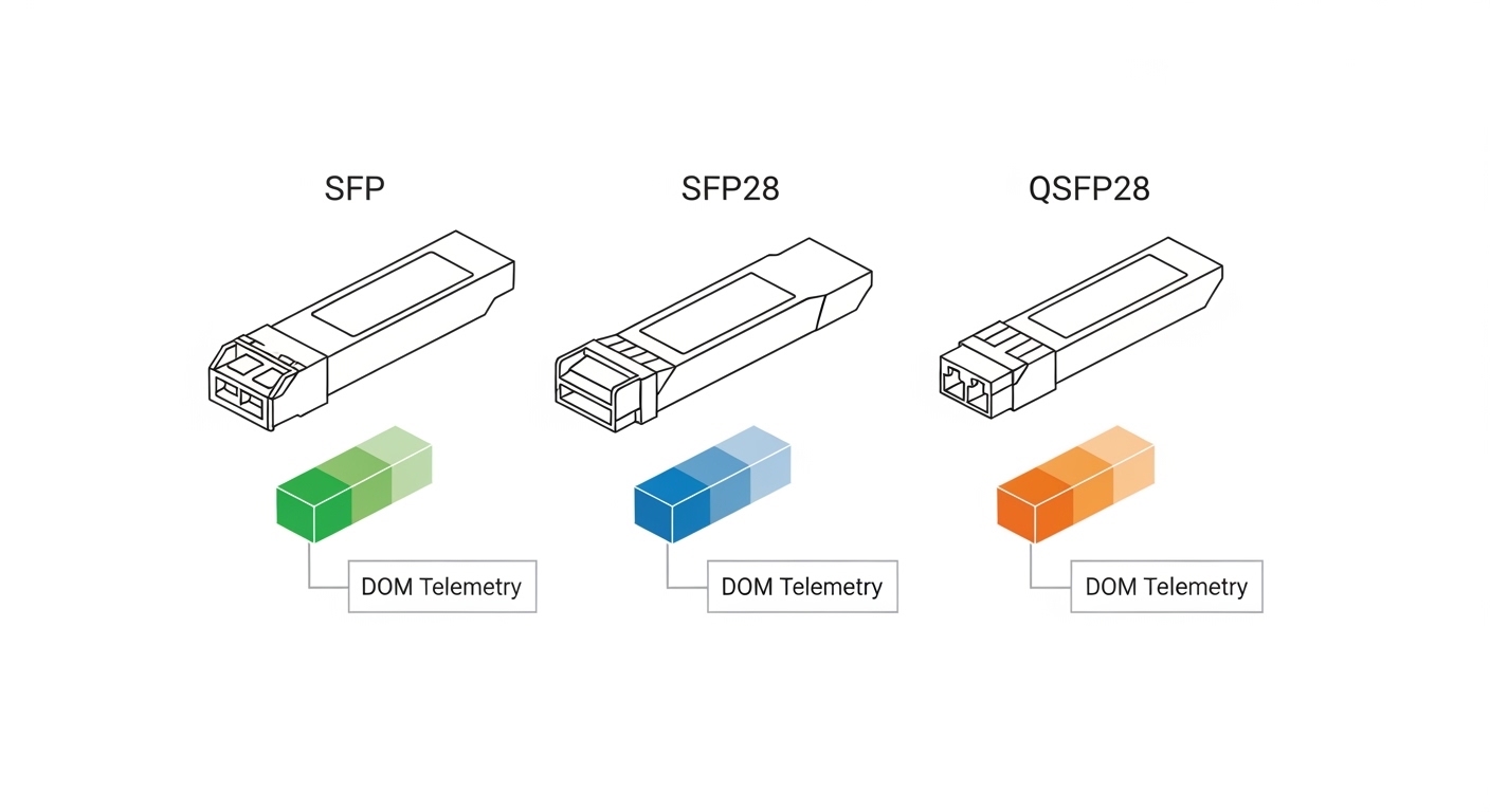 Minimalist technical illustration comparing three transceiver types (SFP, SFP28, QSFP28) with color-coded wavelength and DOM 