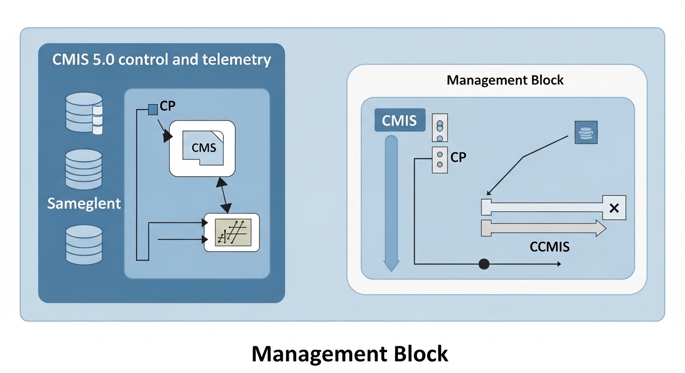 Clean vector illustration of a CMIS transceiver as a layered diagram: fiber interface, optical engine, electrical interface, 