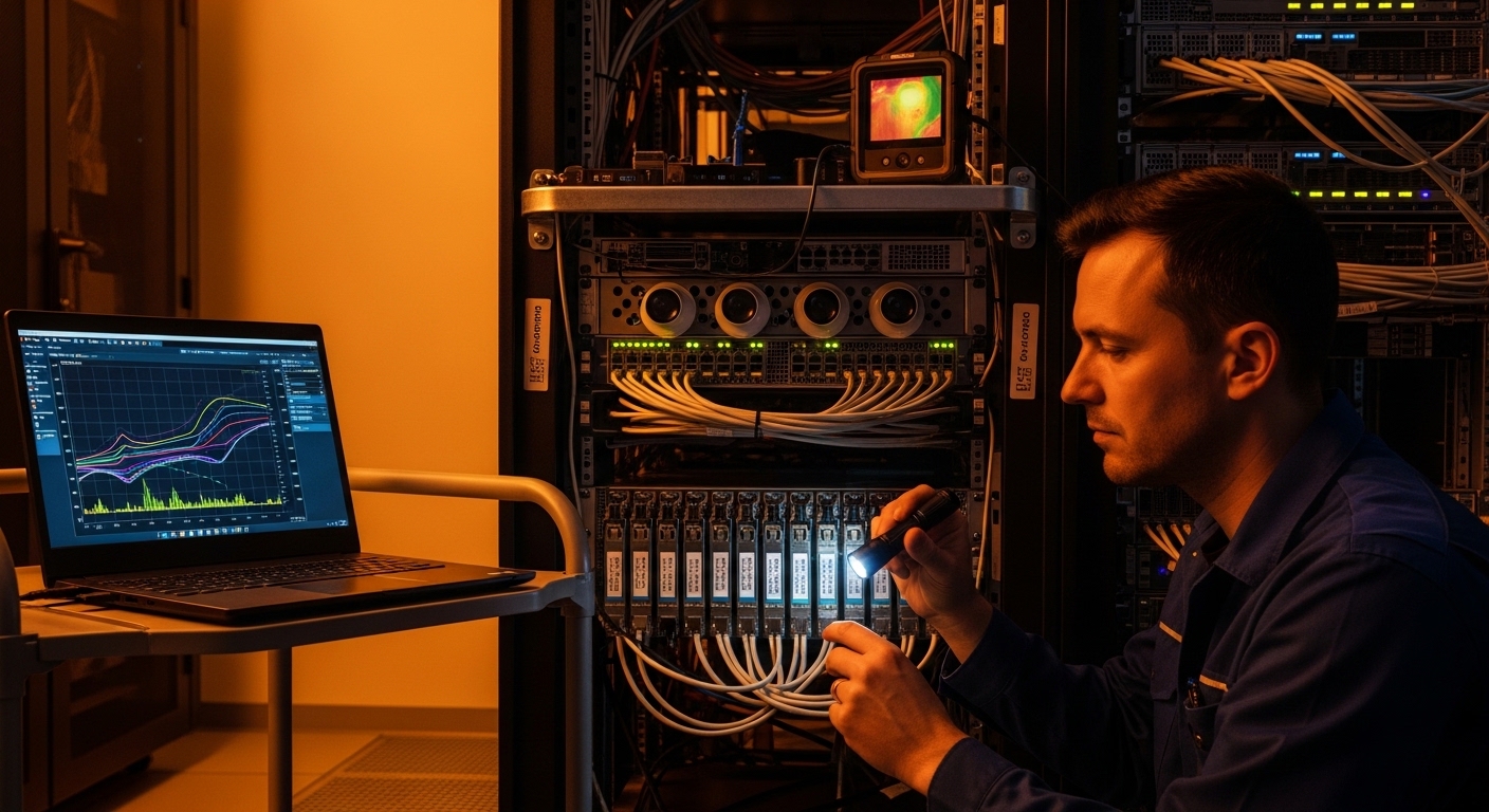 Photorealistic lifestyle scene in a server room: a rack with airflow sensors and a portable thermal camera, a laptop showing 