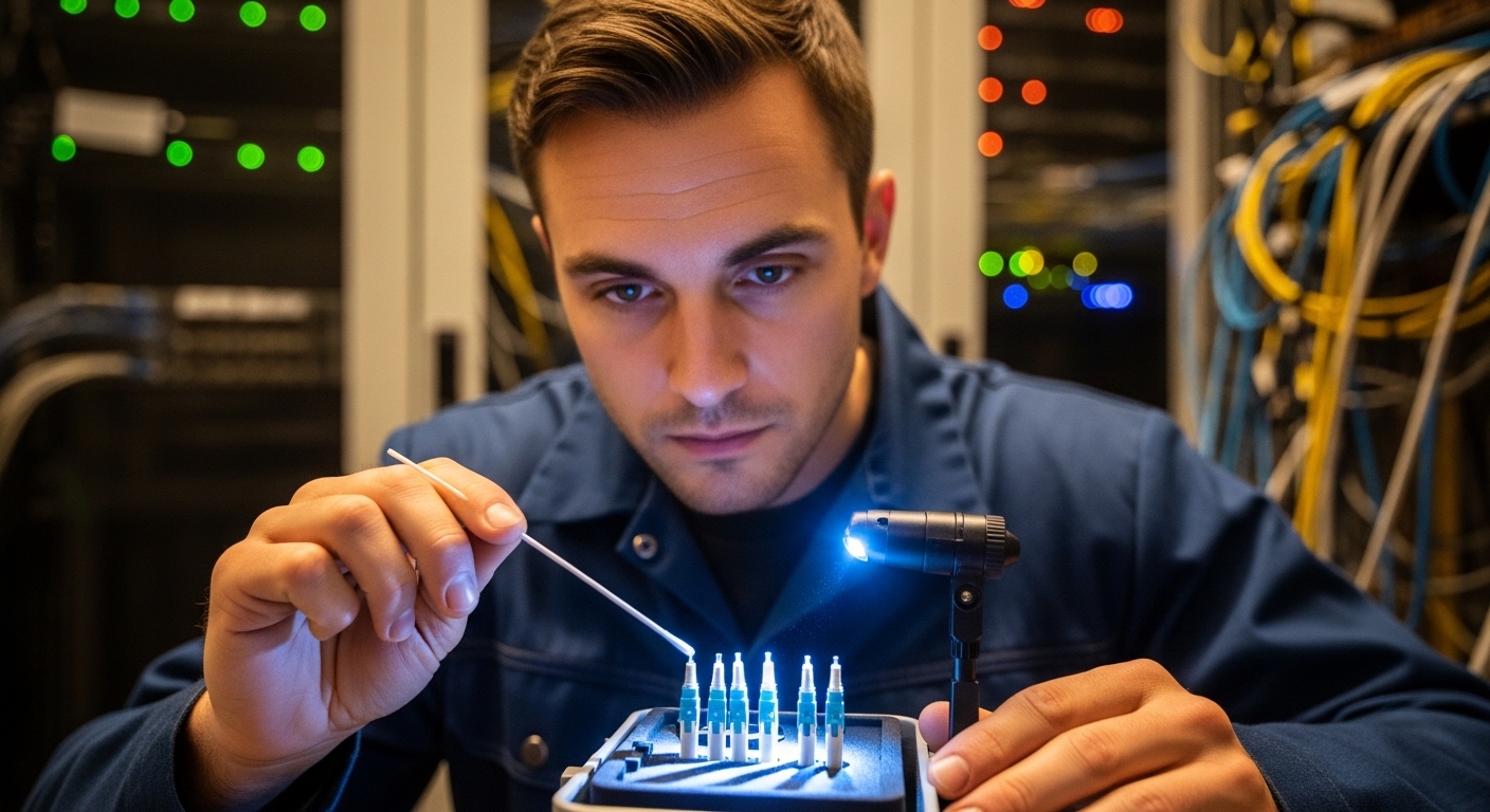 Photorealistic workshop scene of a network engineer holding a fiber cleaning swab and inspecting LC connectors under a bright