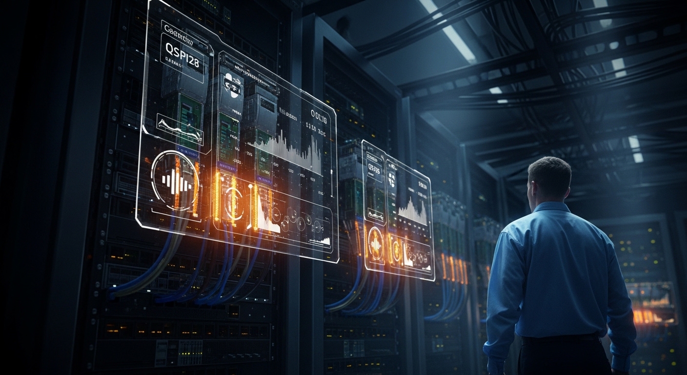 Concept art scene showing a dark server room with floating UI panels overlaid on physical QSFP28 modules; warm orange indicat