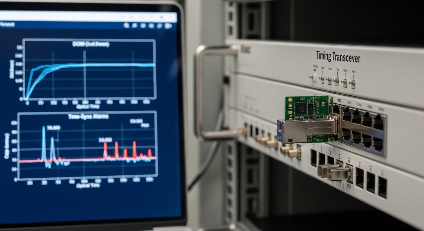 Close-up photography of an open 5G radio equipment rack, showing a timing transceiver module seated in a switch port, with a 