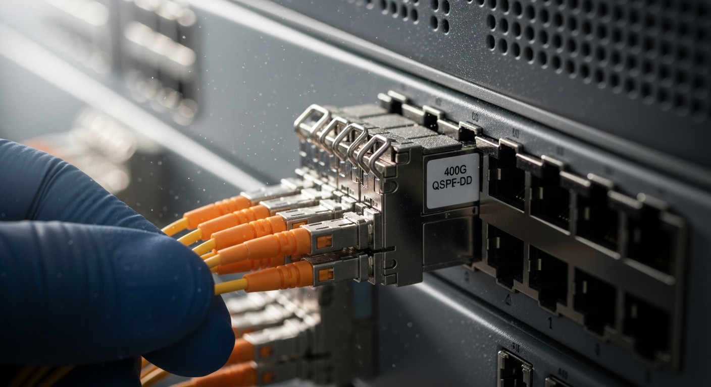 Photorealistic close-up of a 400G QSFP-DD style transceiver inserted into a high-density switch port, showing visible MPO fib