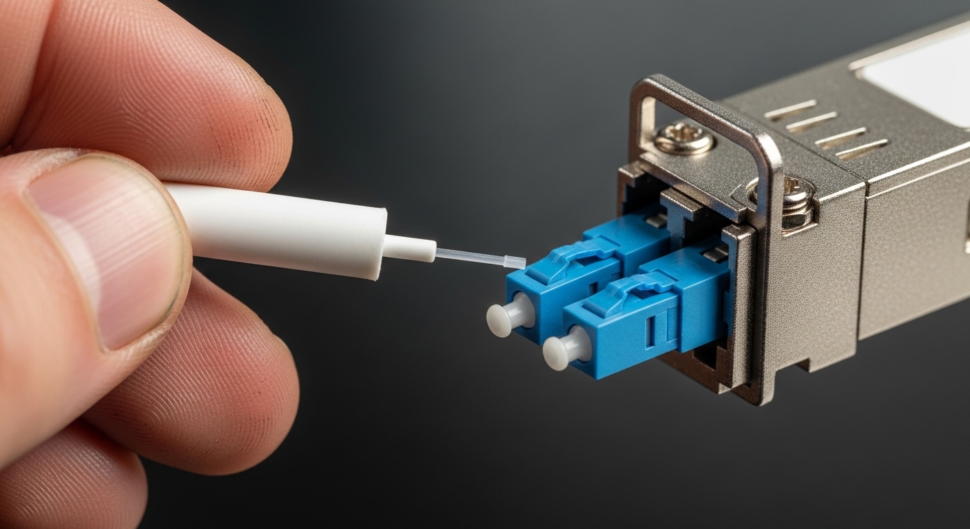 Close-up macro photography of an LC duplex fiber connector plugged into a rugged SFP transceiver cage, with a small hand hold