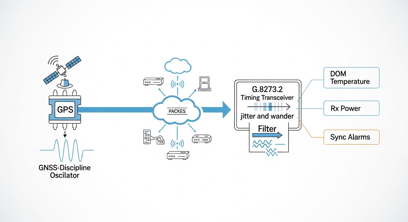 Concept illustration in clean vector style showing a timing signal flowing from a GNSS-disciplined oscillator through a packe
