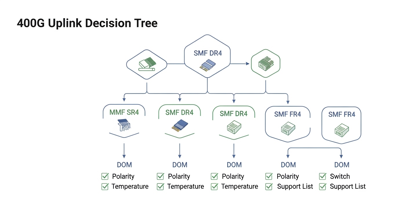 Minimalist infographic illustration showing a 400G uplink decision tree, with icons for MMF SR4, SMF DR4, SMF FR4, and checkm