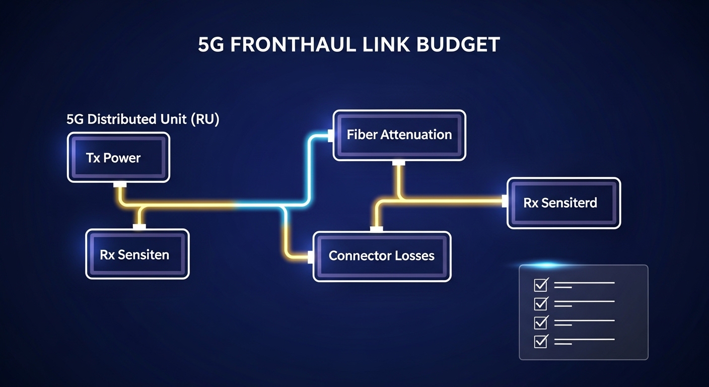 Clean vector illustration of a fronthaul link budget diagram, showing a 5G DU to RU path with labeled blocks for Tx power, fi