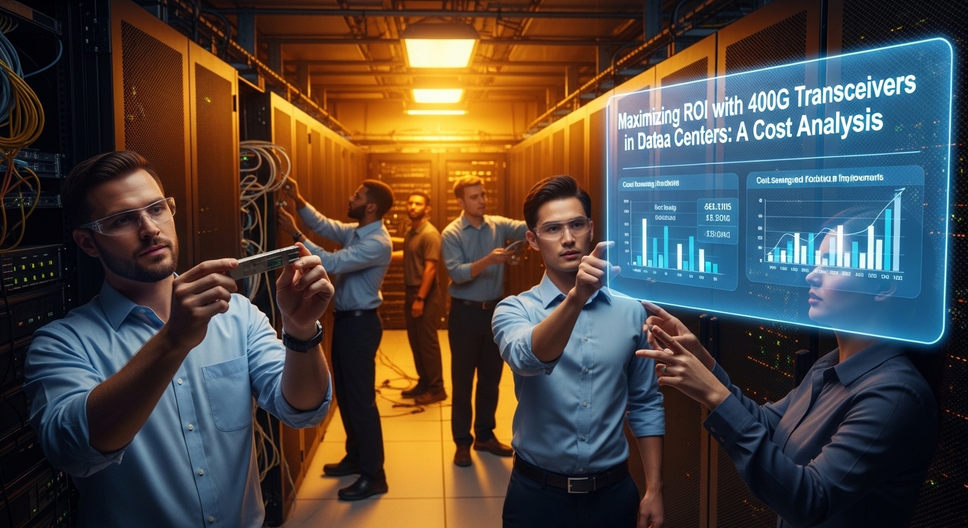 Lifestyle scene featuring data center transceivers, Maximizing ROI with 400G Transceivers in Data Centers: A Cost Analysis, w