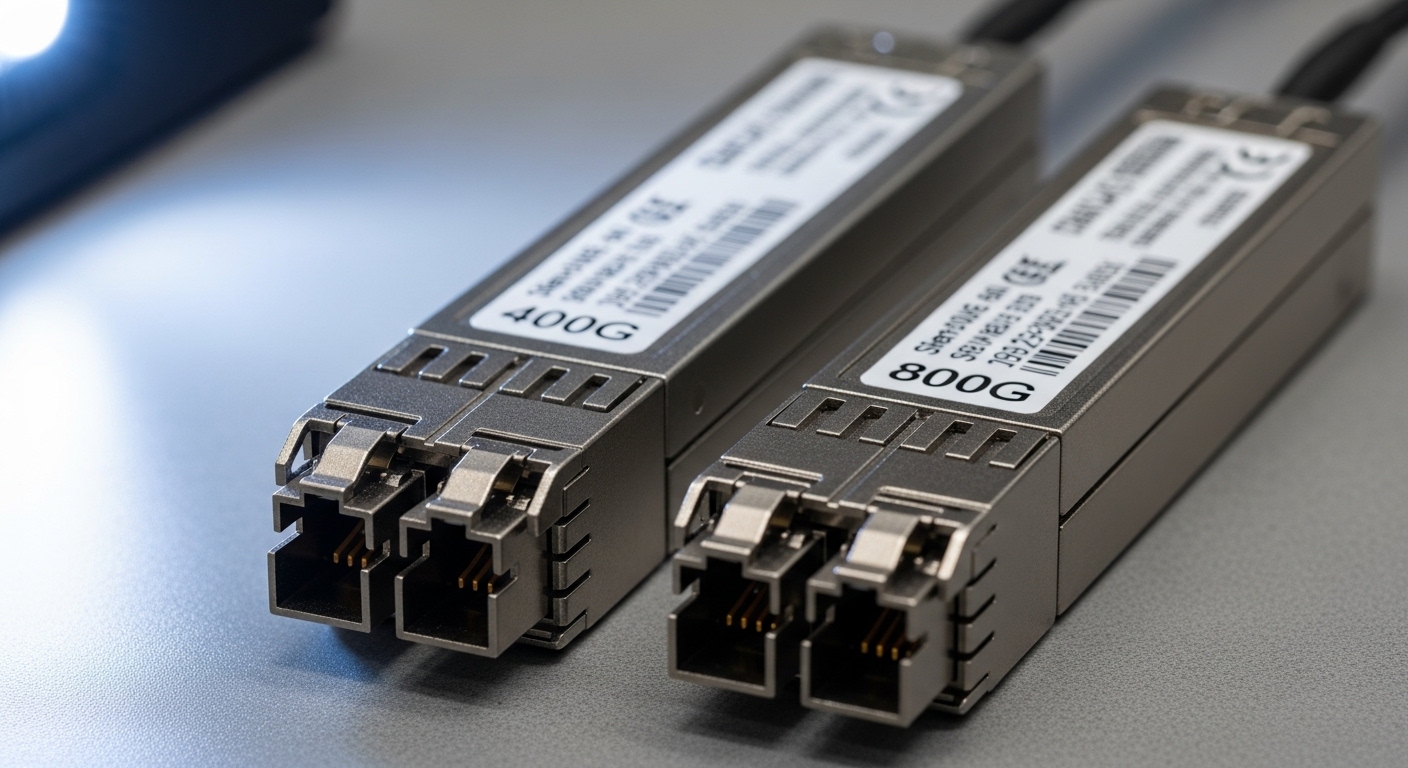 Macro photography of a 400G and 800G optical transceiver side-by-side on a lab bench, showing fiber connectors and label area