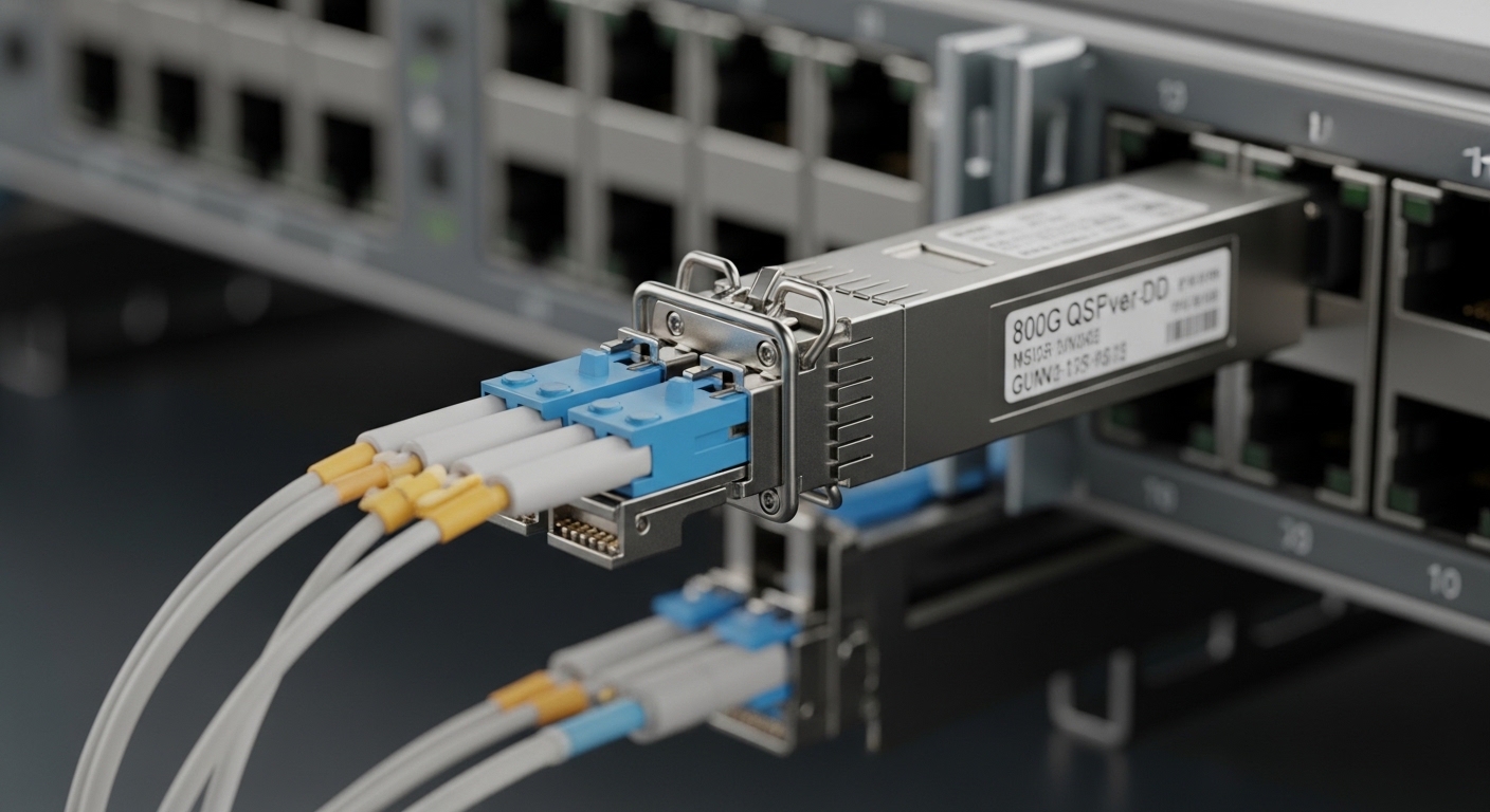 A photorealistic close-up of an 800G QSFP-DD optical transceiver module seated halfway into a switch cage, with MPO-16 fiber 