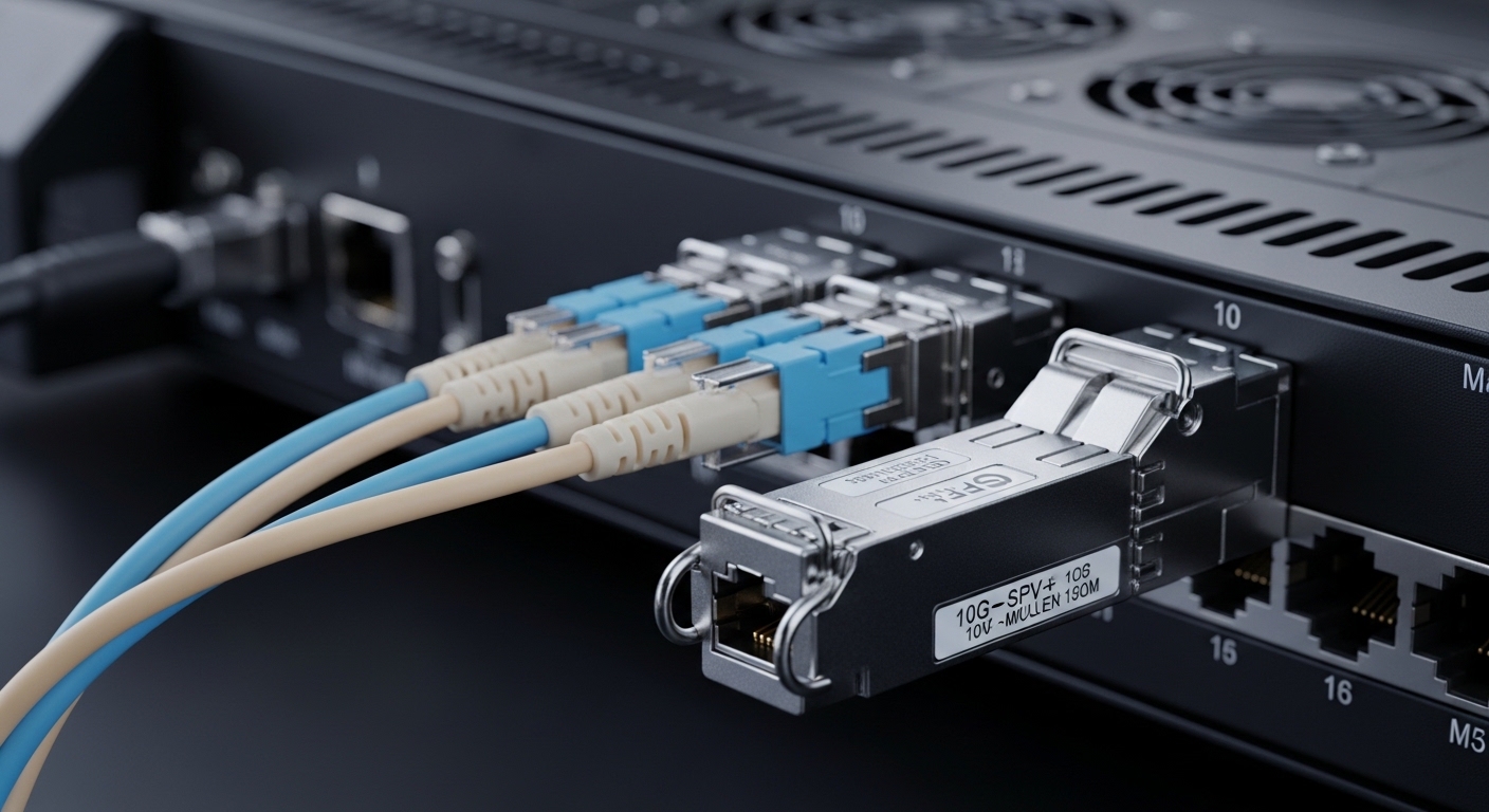 Photorealistic close-up of two installed 10G SFP+ transceivers inside a ruggedized edge router chassis, showing fiber patch c