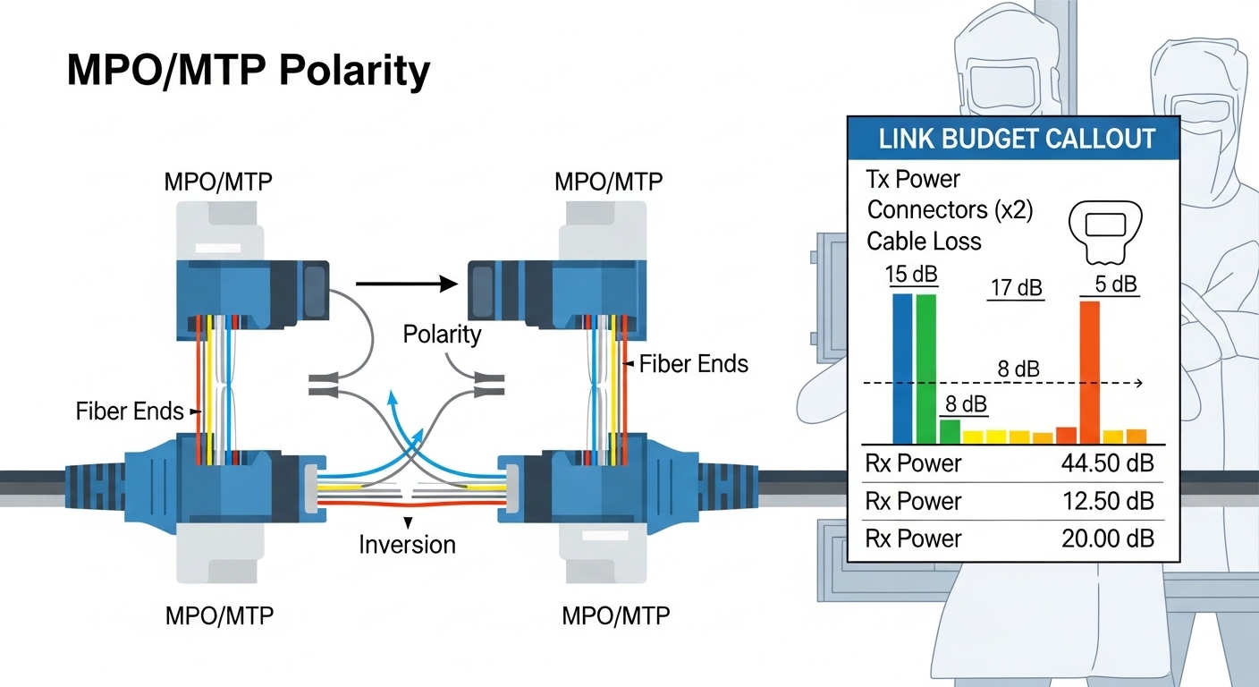 Cleanroom-style illustration of MPO/MTP polarity workflow for MMF links, showing labeled fiber ends, polarity arrows, and a l