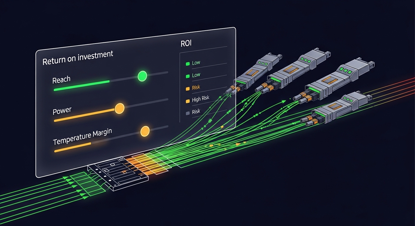 Conceptual illustration of a financial ROI dashboard overlaying an optical fiber link diagram, showing sliders for reach, pow