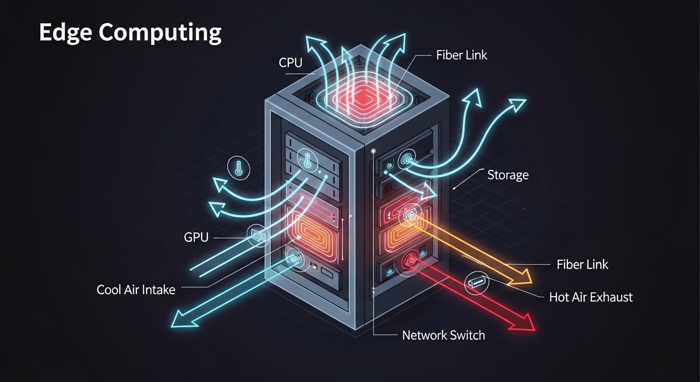 Conceptual illustration of an edge computing cabinet with labeled airflow arrows, thermal sensors, and fiber link indicators;