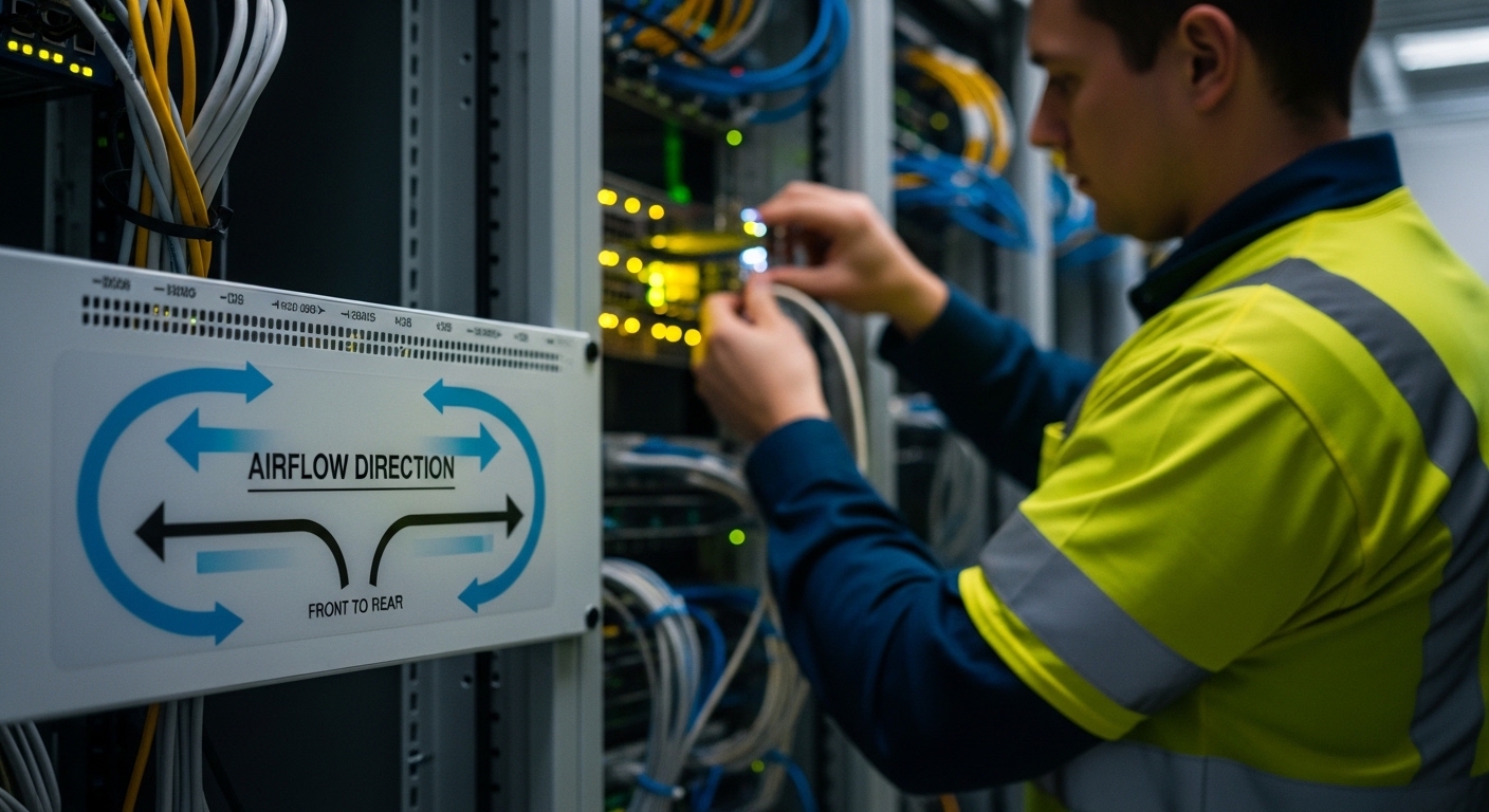 Realistic lifestyle scene in a data center aisle, a field engineer in safety vest installing 800G transceivers, close-up on a