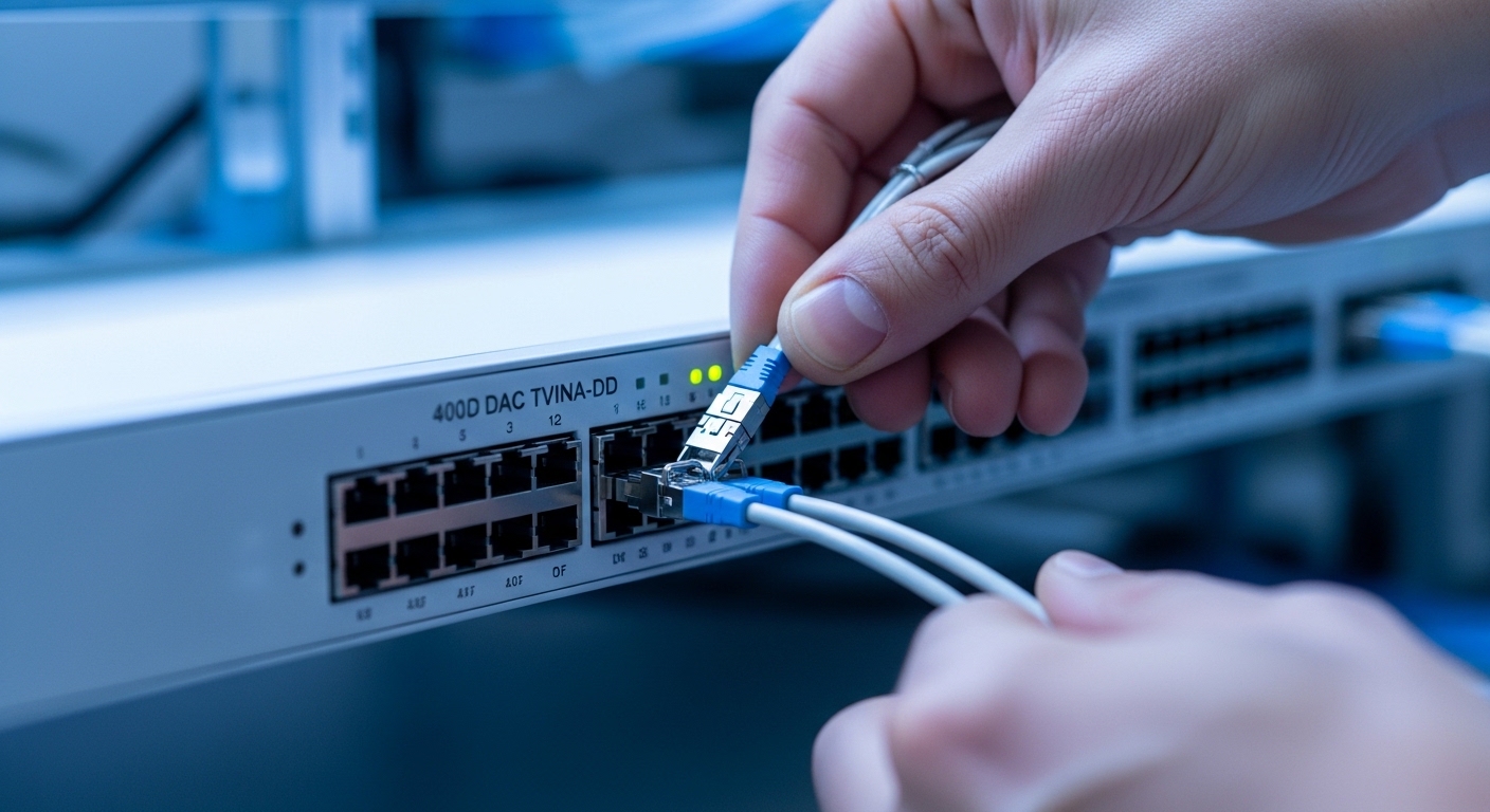 Close-up photography of a technician’s hands plugging a 400G DAC twinax cable into a QSFP-DD port on a white 48-port leaf swi
