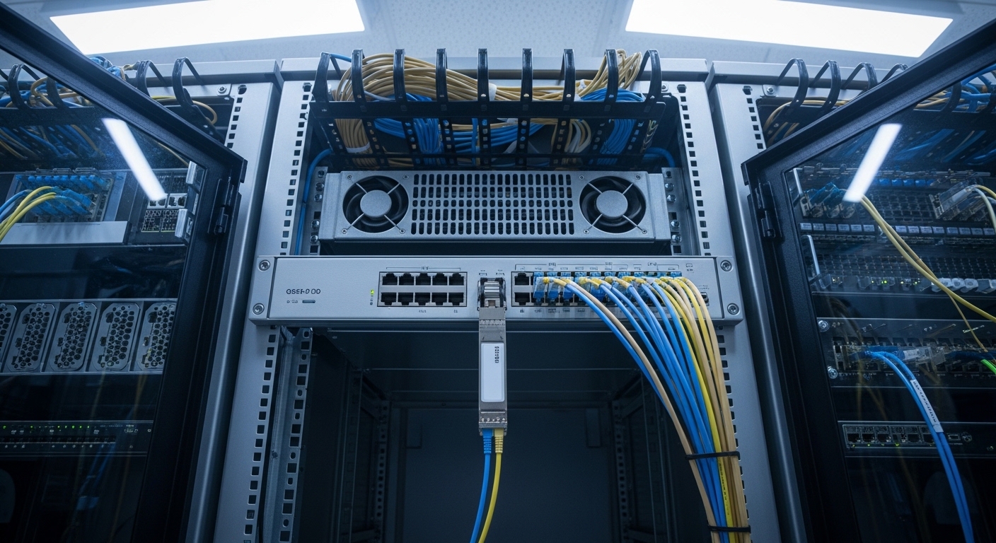A photorealistic server room scene, wide angle, showing two adjacent SMB network racks with open doors; close-up focus on a Q