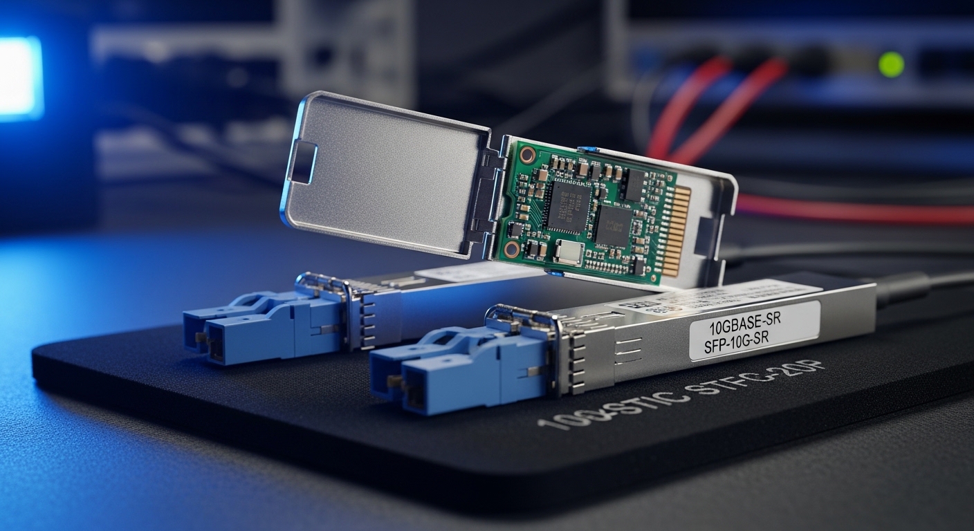 A high-resolution macro photography scene of an open 10G SFP+ transceiver module on an anti-static mat, with visible LC duple