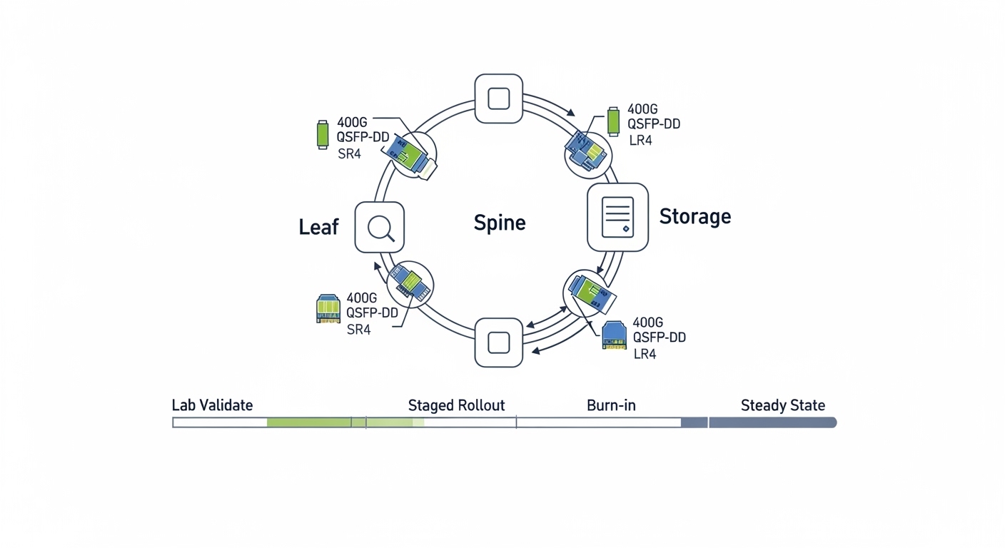 Conceptual illustration, flat vector style, showing a ring diagram of an SMB network with labeled nodes (leaf, spine, storage