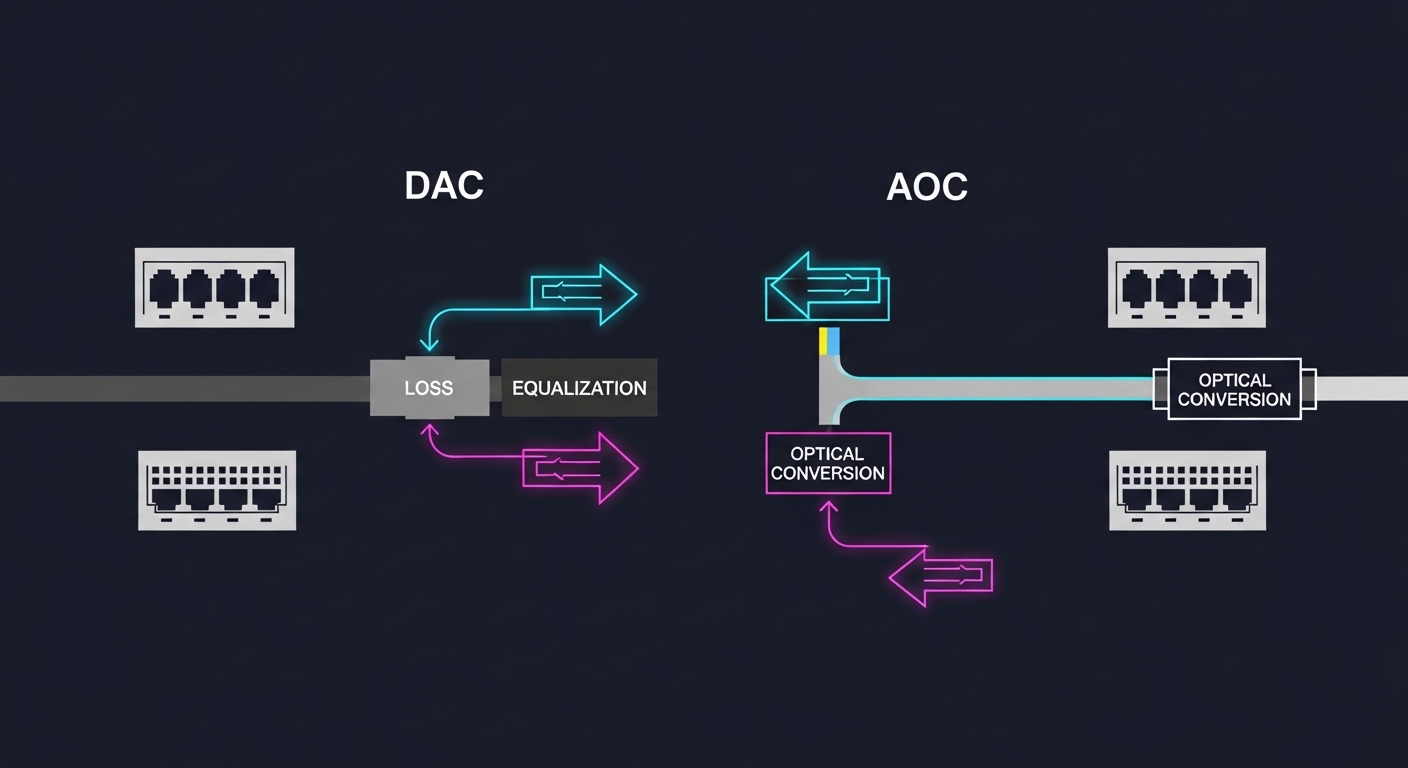 Minimalist illustration comparing two parallel network links: left shows a copper twinax DAC with labeled loss and equalizati