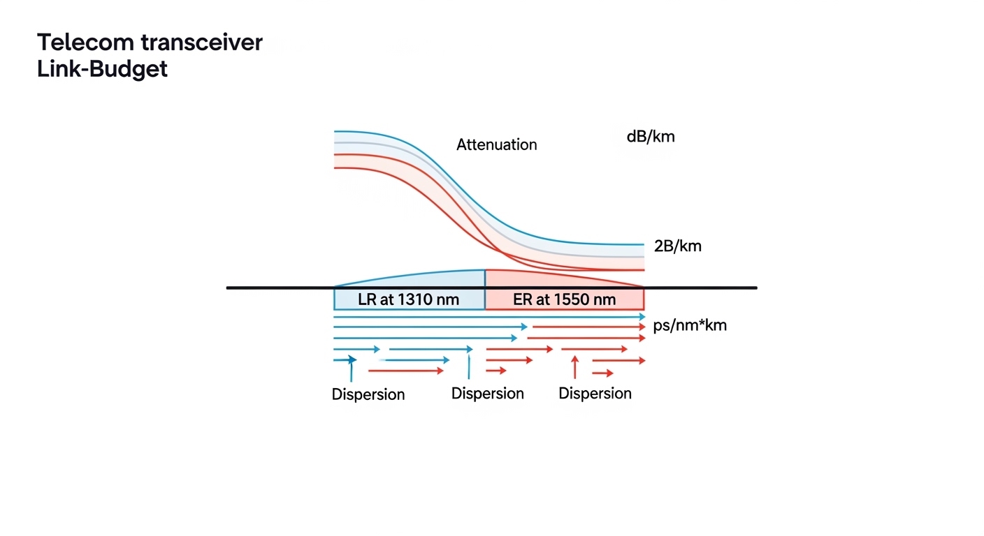 Clean vector-style illustration of a telecom transceiver link-budget diagram, showing attenuation curves, dispersion arrows, 