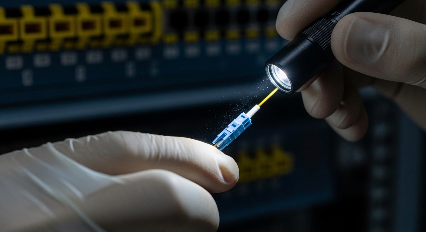 Photography style, close-up of a technician using a fiber inspection scope on an LC connector inside an SMB network rack; han