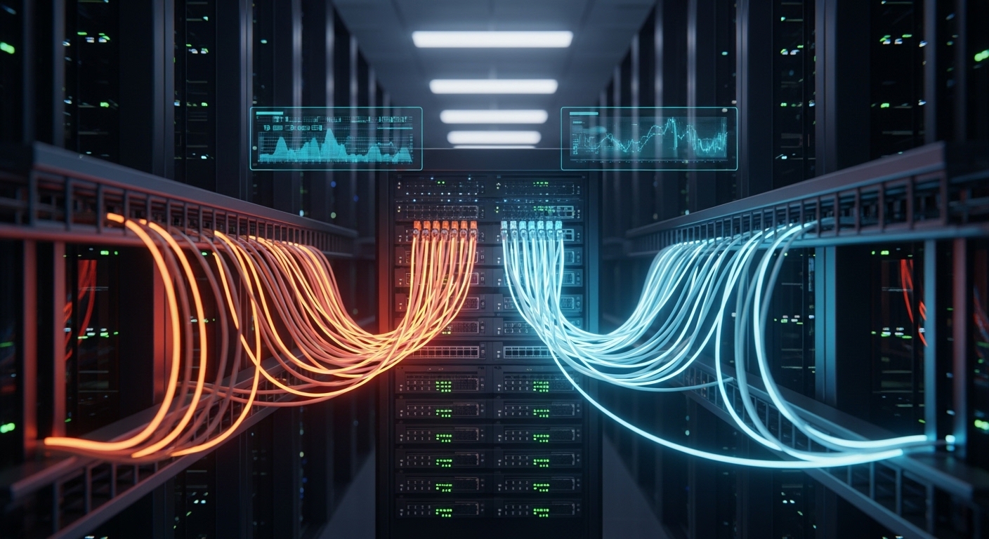 Concept art scene of a data center aisle at night with glowing airflow indicators, showing two paths from a spine switch: one
