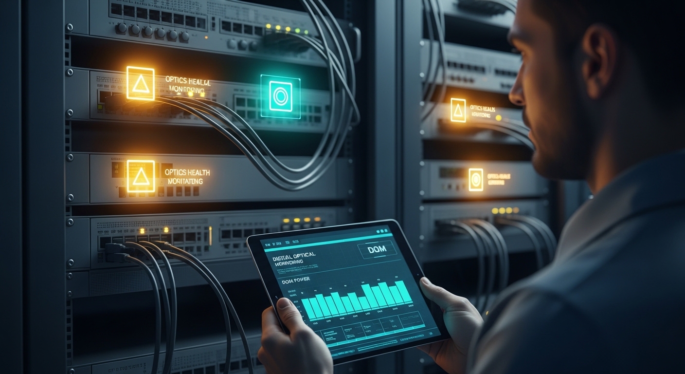 Concept art scene showing a rack of network switches with glowing status icons for optics health, a technician holding a tabl
