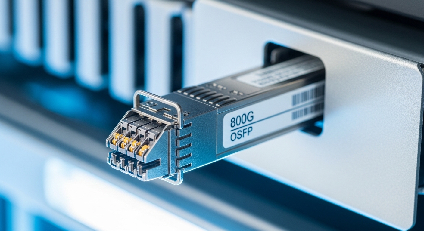 Close-up photography of a server rack with an 800G pluggable transceiver partially inserted into a blanking panel; visible MP