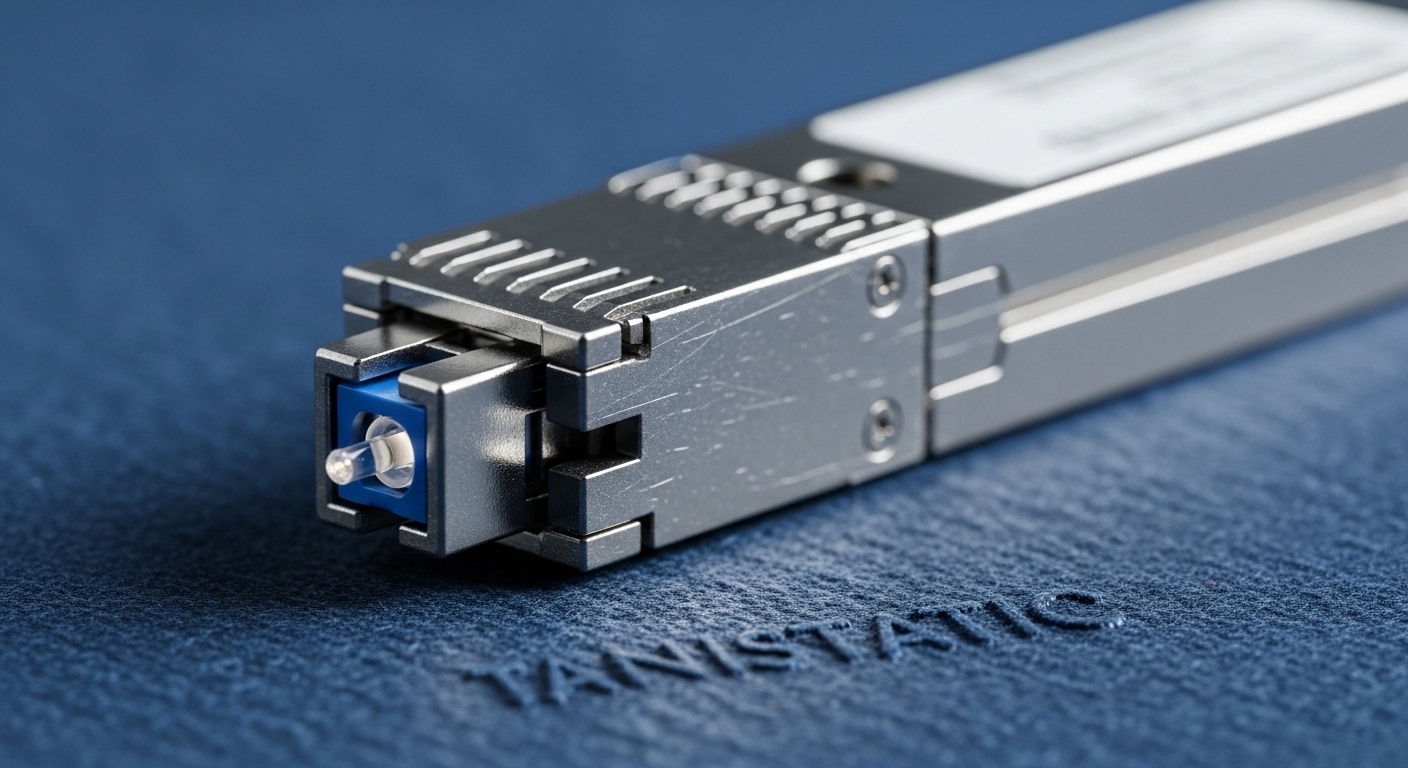 Macro photography of a telecom transceiver optical module on an antistatic mat, showing fiber connector endface and metal hou