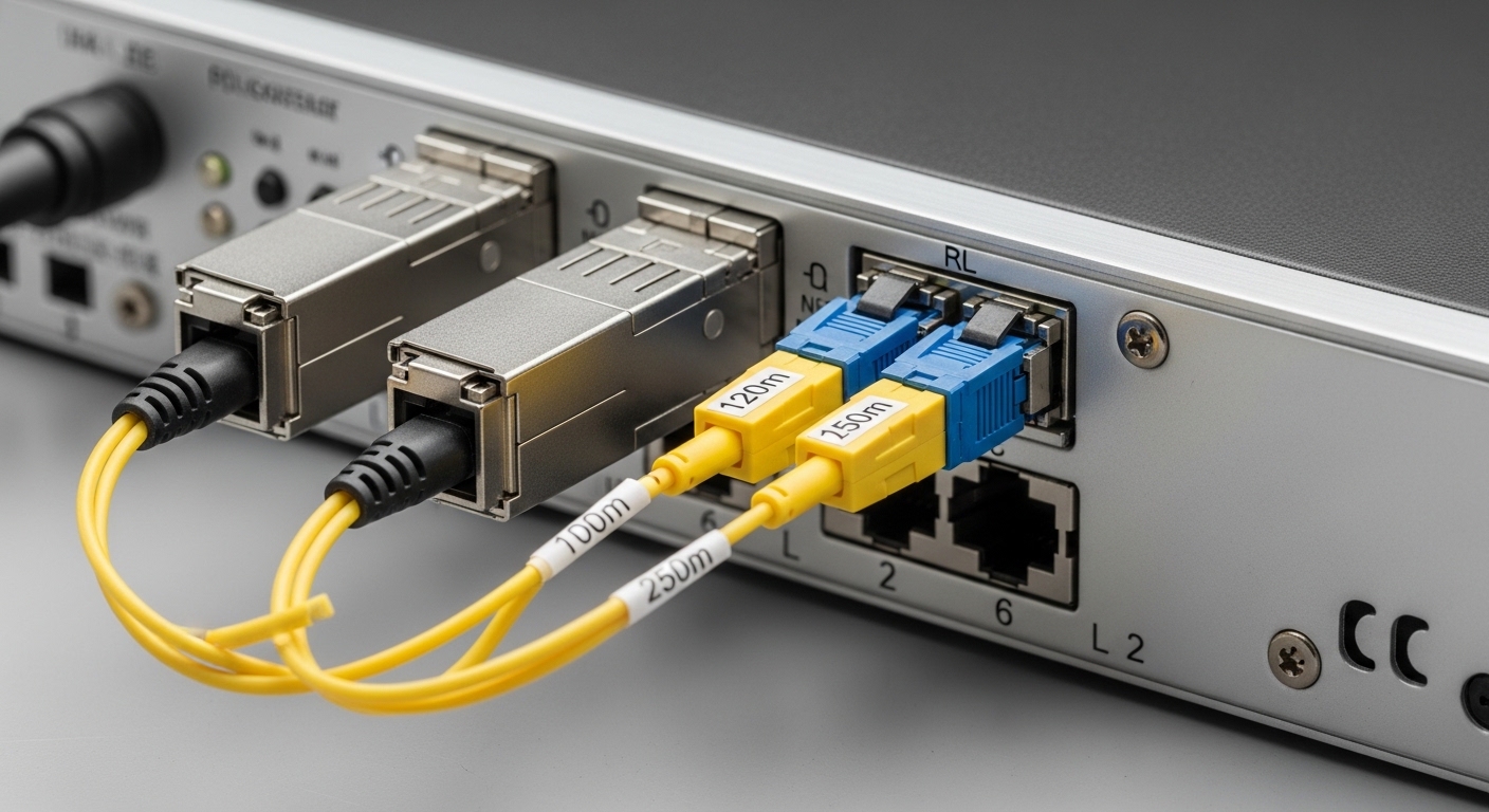 Close-up photography of a rack-mounted edge gateway with two pluggable fiber transceivers installed, visible LC connectors an