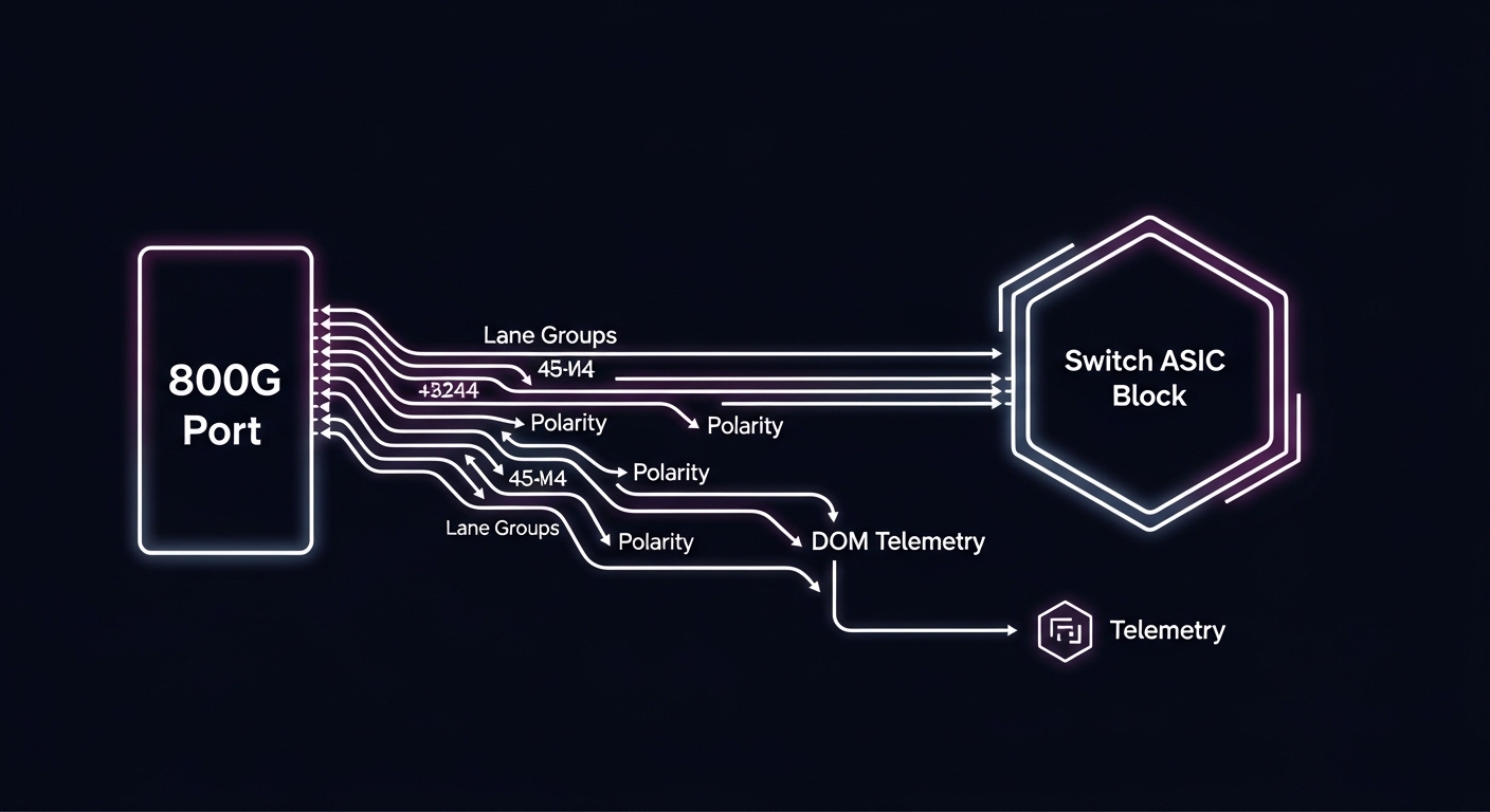 Concept art style illustration showing a simplified lane-mapping diagram: 800G port broken into multiple lanes feeding a swit