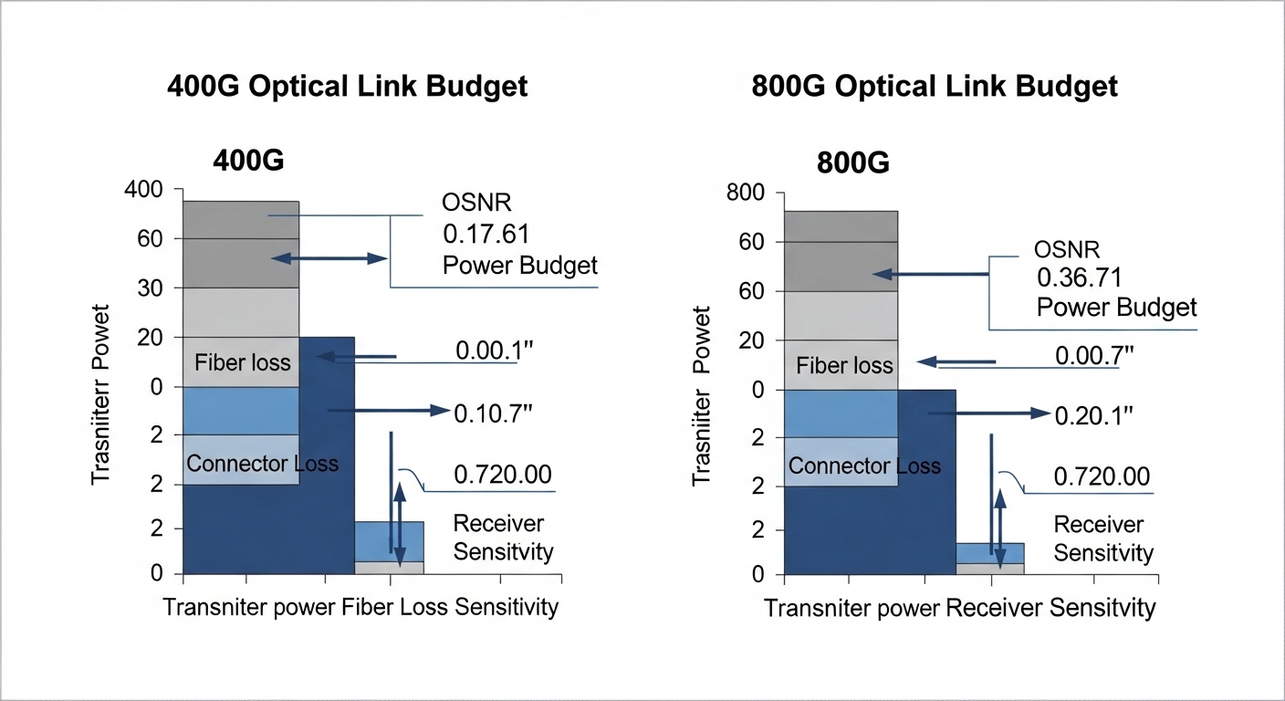 Clean engineering illustration comparing 400G and 800G optical link budgets, with annotated OSNR and power budget bars, vecto