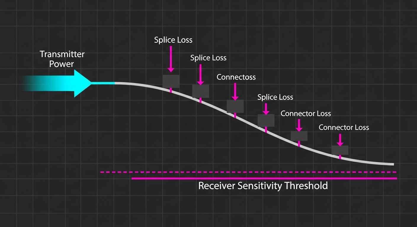 Cleanroom-style illustration of an optical link budget diagram: transmitter power, fiber attenuation curve, splice and connec