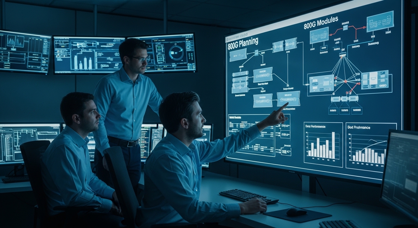 Cinematic editorial photograph of 800G planning, Optical Network Scalability: Planning for Future Growth with 800G Modules, d