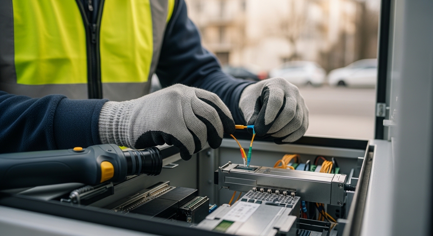 Lifestyle scene of a field technician in a safety vest installing a fiber transceiver at an outdoor cabinet, showing gloved h