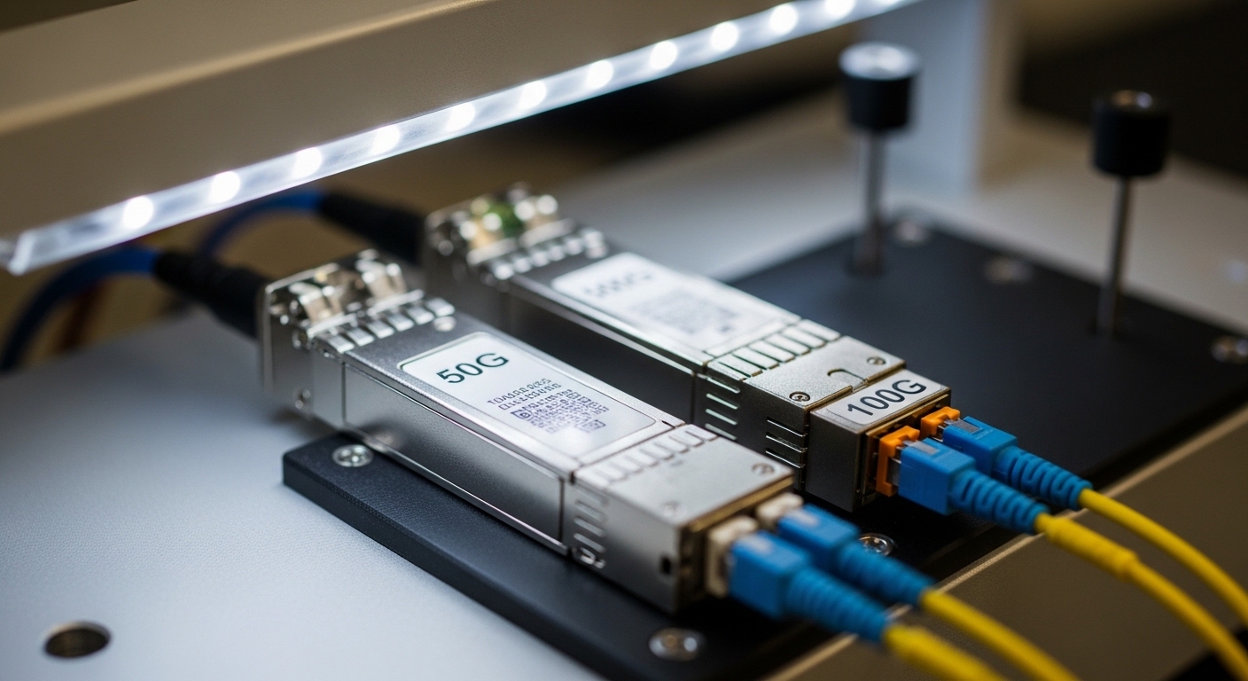 Macro photography of two pluggable optical transceiver modules on a benchtop fiber test setup, one labeled 50G and the other 