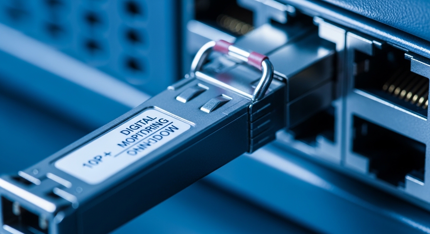 Close-up macro photography of a 10G SFP+ transceiver plugged into a server switch port, showing the LC duplex connector and s
