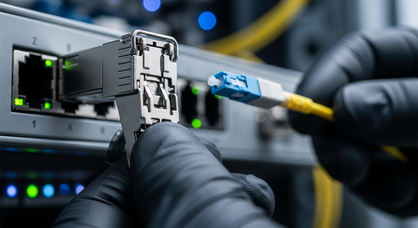 Photorealistic macro photograph of an SFP transceiver module plugged into a switch port, with a technician’s gloved hands hol