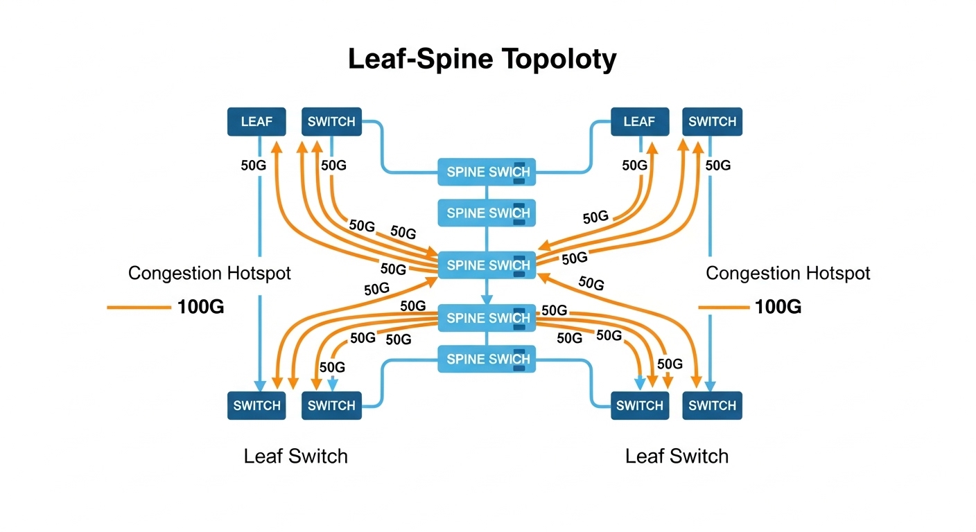 Clean vector illustration of a leaf-spine topology with color-coded links labeled 50G and 100G, arrows showing congestion hot
