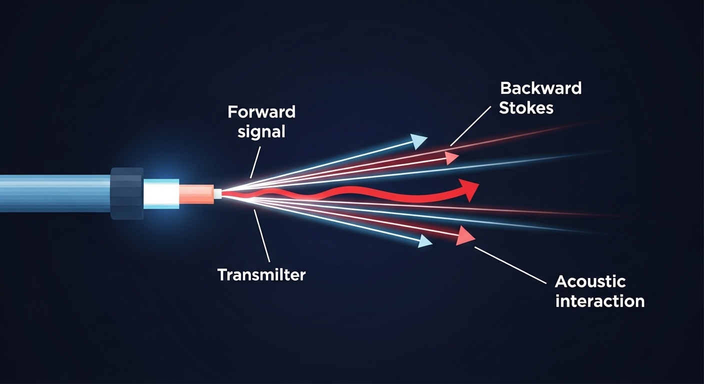 Stylized vector illustration showing light rays traveling through a fiber optic cable, with a backward-propagating Stokes wav