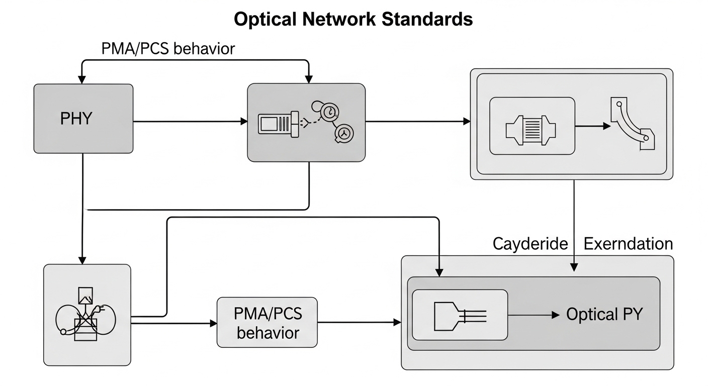 Vector illustration concept art showing a layered diagram of optical network standards (PHY, PMA/PCS behavior), SFP transceiv