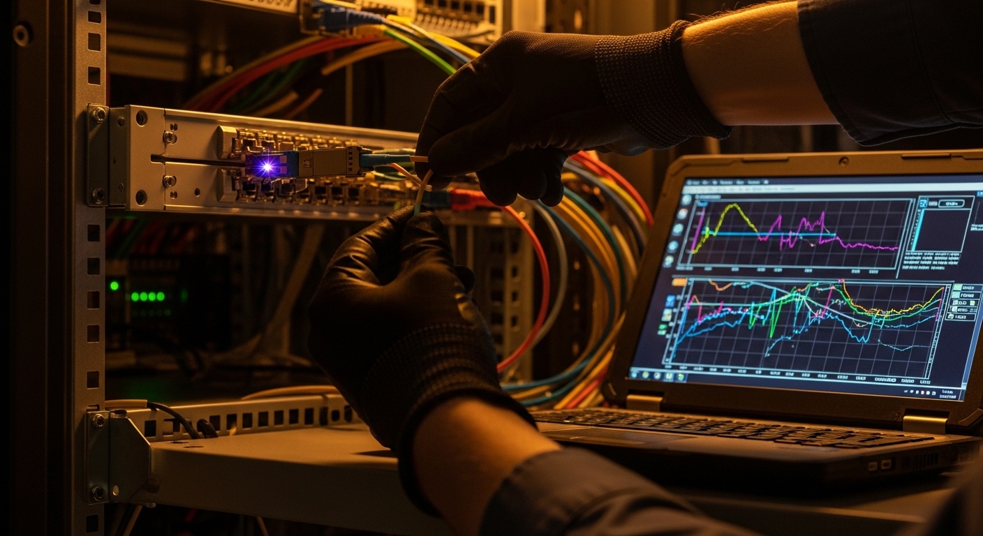 Photo-realistic troubleshooting scene inside a server rack, technician’s hands reseating an LC fiber cable and optical transc