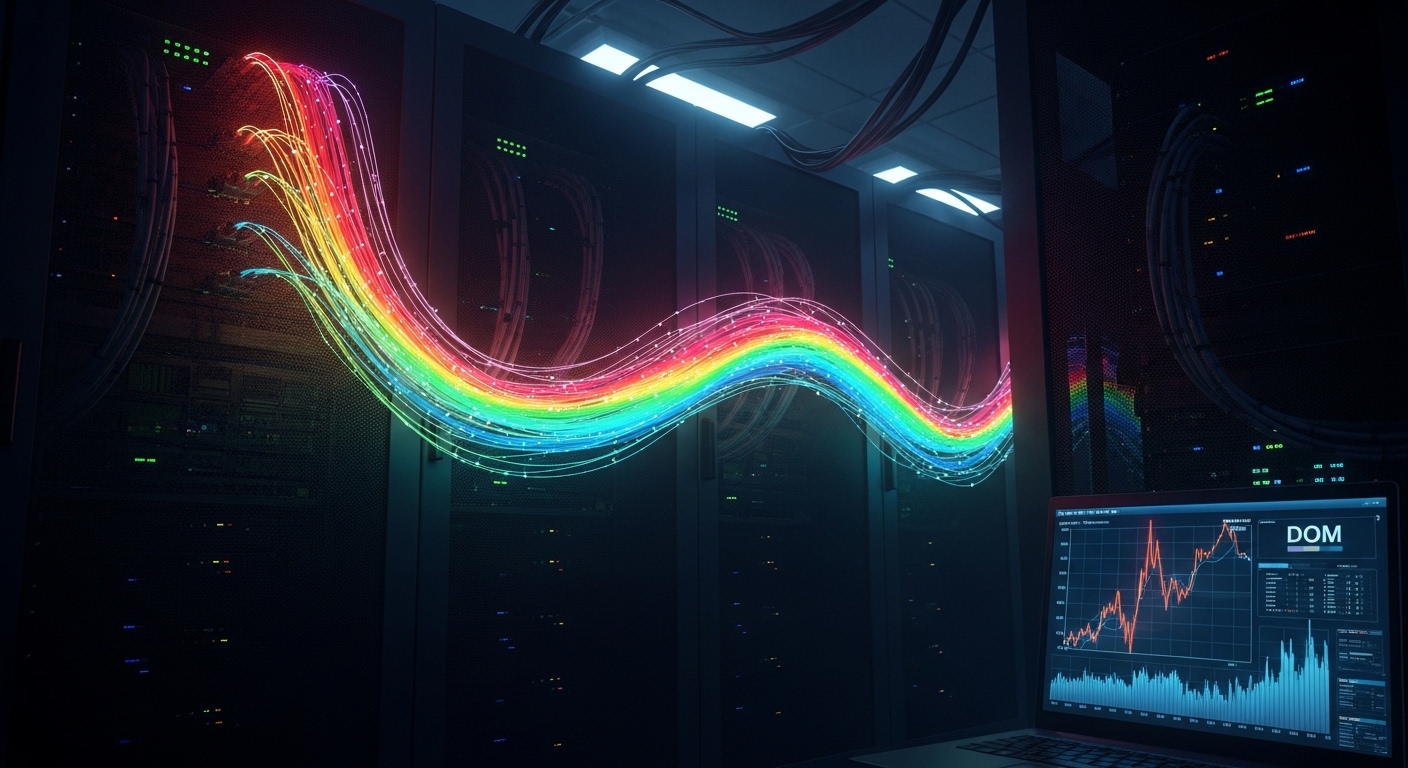 Concept art scene of a nighttime server room, with a translucent overlay of a “heat map” along a fiber route indicating zones
