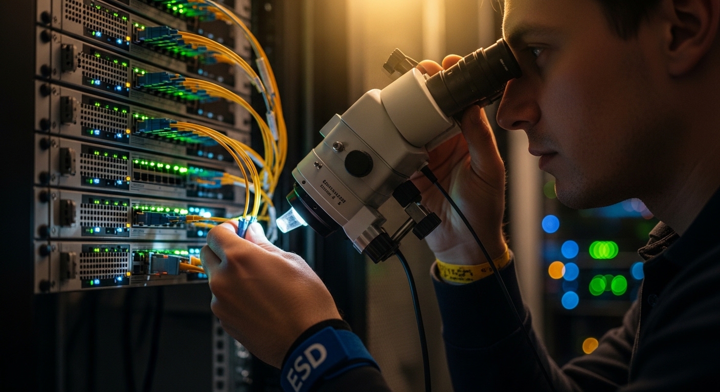 Photorealistic lifestyle scene inside a server room, a field technician wearing ESD wrist strap uses a fiber inspection micro